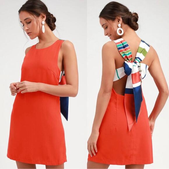 Lulus Orange Red Shift Dress With Multi-Color Satin Tie Back - size Medium - Picture 1 of 8